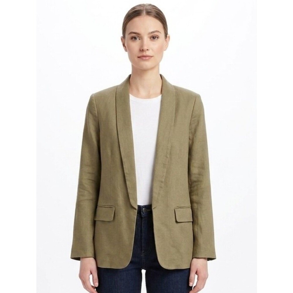 CATHERINE MALANDRINO Olive Green 100% Linen Shawl Lapel Blazer Size 10 Structure